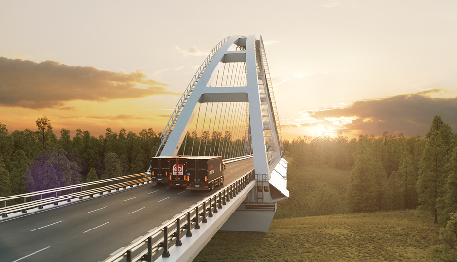 A fleet consisting of three different trailer models makes its way towards the rising sun; febi lettering visible at the horizon.