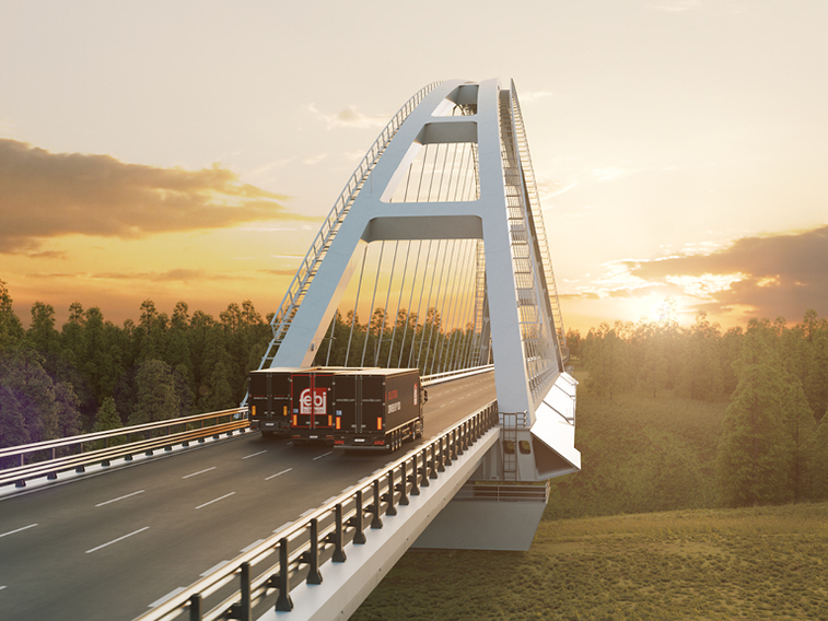 Une flotte composée de trois modèles de remorques différents se dirige vers le soleil levant ; le logo febi est visible à l'horizon.